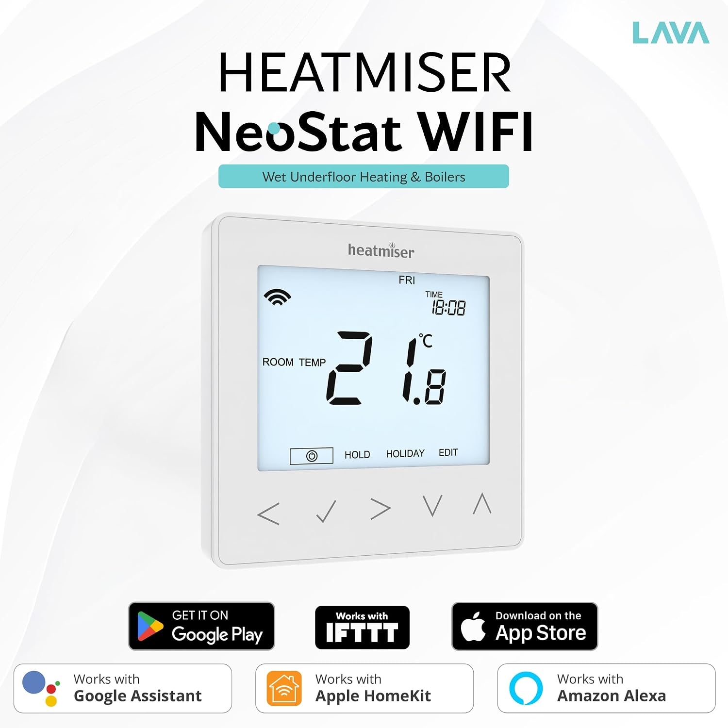 Heatmiser NeoStat WiFi Thermostat Smart Programmable Room Thermostat for Wet Underfloor Heating & Central Heating 230V App Control Alexa Google Home - No Hub Required - White