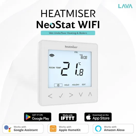 Heatmiser NeoStat WiFi Thermostat Smart Programmable Room Thermostat for Wet Underfloor Heating & Central Heating 230V App Control Alexa Google Home - No Hub Required - White