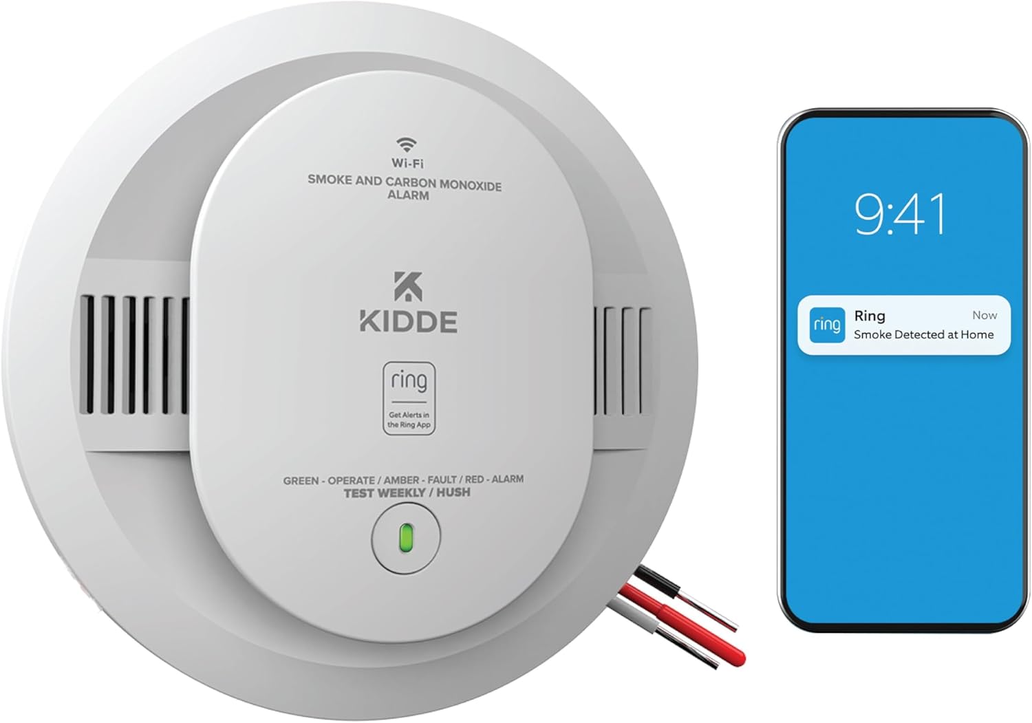 Smart Smoke and Carbon Monoxide Detector, Ring App Enabled for Real-Time Notifications, Hardwired Alarm, AA Backup Battery Smoke & Carbon Monoxide Detector