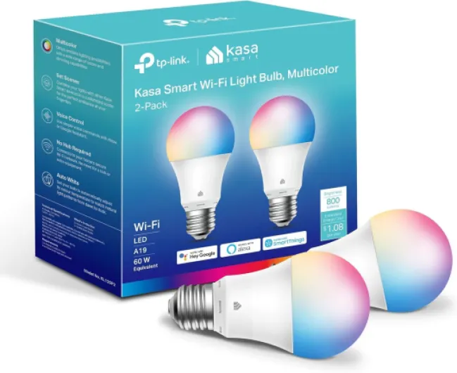 Light Bulbs, Full Color Changing Dimmable Smart WiFi Bulbs Compatible with Alexa and Google Home, A19, 60 W 800 Lumens,2.4Ghz only, No Hub Required, 2-Pack (KL125P2), Multicolor 800 Lumens, 2-Pack