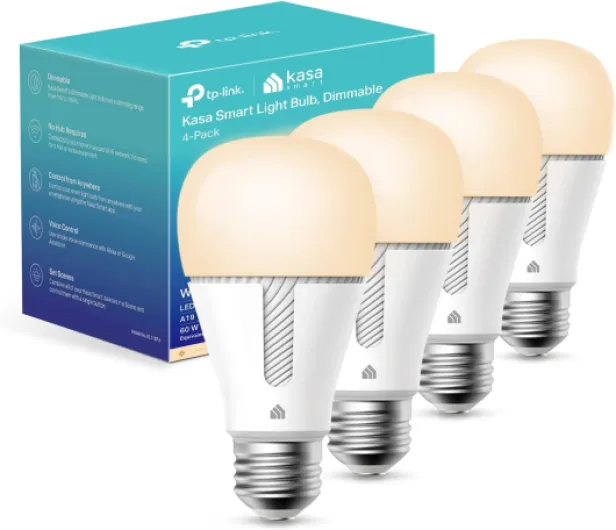 Light Bulbs that works with Alexa and Google Home, Dimmable Smart LED Bulb, A19, 9W, 800Lumens, Soft White(2700K), CRI≥90, WiFi 2.4Ghz only, No Hub Required, 4 Count (Pack of 1)(KL110P4) 4-Pack (Newer Version) 4 Count (Pack of 1)