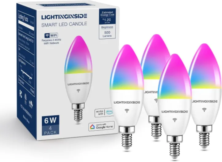 E12 Smart Light Bulbs 60W Equiv., Work with Alexa/Google Home/Smart Life, 500LM 6W RGBCW Candle Candelabra LED Light Bulbs, No Hub Required, 2.4G WiFi Bluetooth Bulb, ETL Listed, 4PCS 4 Count (Pack of 1)