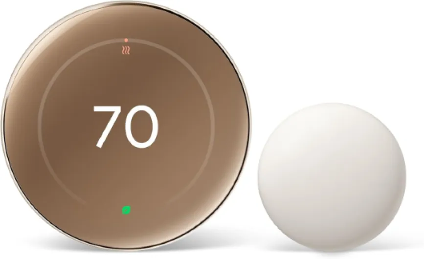 Nest Learning Thermostat (4th Gen, 2024) with Nest Temperature Sensor - Energy Saving Smart Thermostat - Compatible with Alexa, Apple HomeKit and Google Home App - Polished Gold
