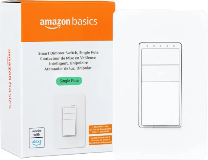 Smart Dimmer Switch, Single Pole, Works with Alexa Only, 2.4 GHz Wi-Fi, No Hub Required, White Single Pole Dimmer