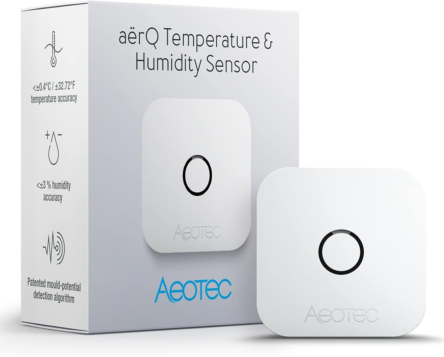 AërQ Temperature, Humidity, Dew Point Sensor - Wireless, Battery Powered, Z-Wave Hub Required (White)