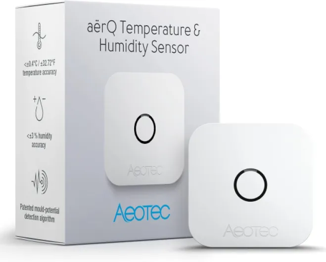 AërQ Temperature, Humidity, Dew Point Sensor - Wireless, Battery Powered, Z-Wave Hub Required (White)