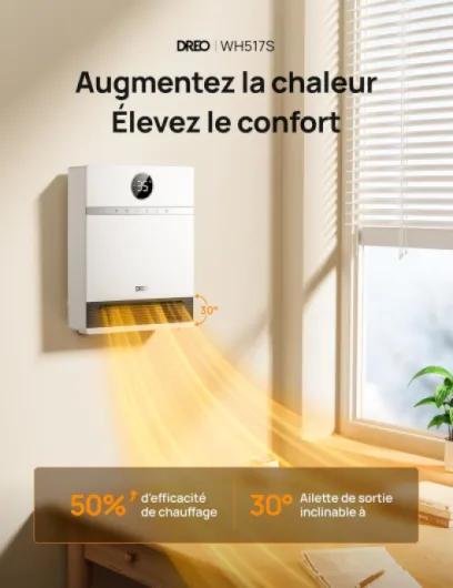 Dreo Intelligent Chauffage d'appoint, Oscillation à 30°, 2000W Chauffage Soufflant Mural, Salle de Bain, Thermostat Réglable, Télécommande, 24H Minuterie, Installation Facile, Compatible avec Alexa Fig - Réactionnaire