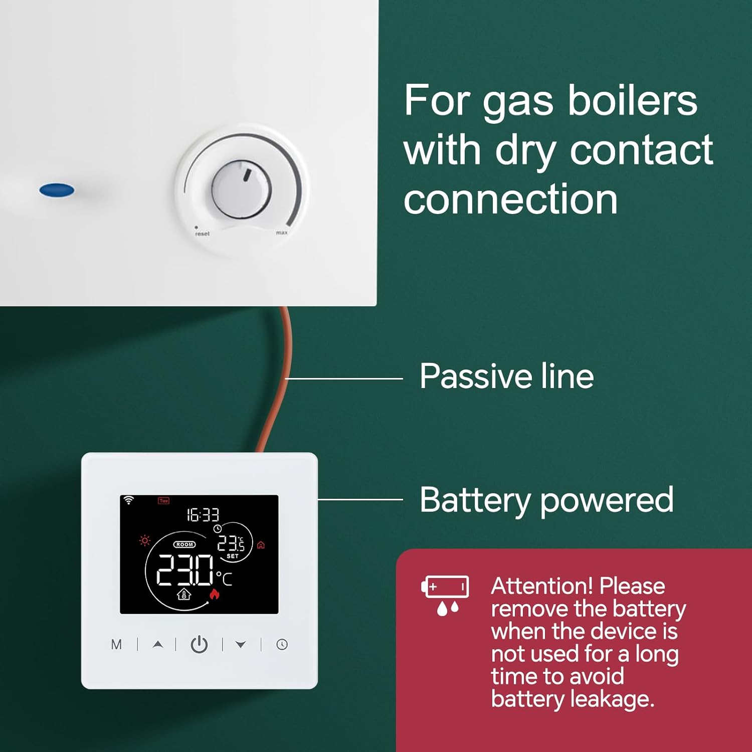 WiFi thermostat for Boiler Heating Smart Thermostat for Combi Boiler Compatible with Tuya app, 2-Wire Programmable Digital Wireless Thermostat with Voice Control, Battery-powered R9V